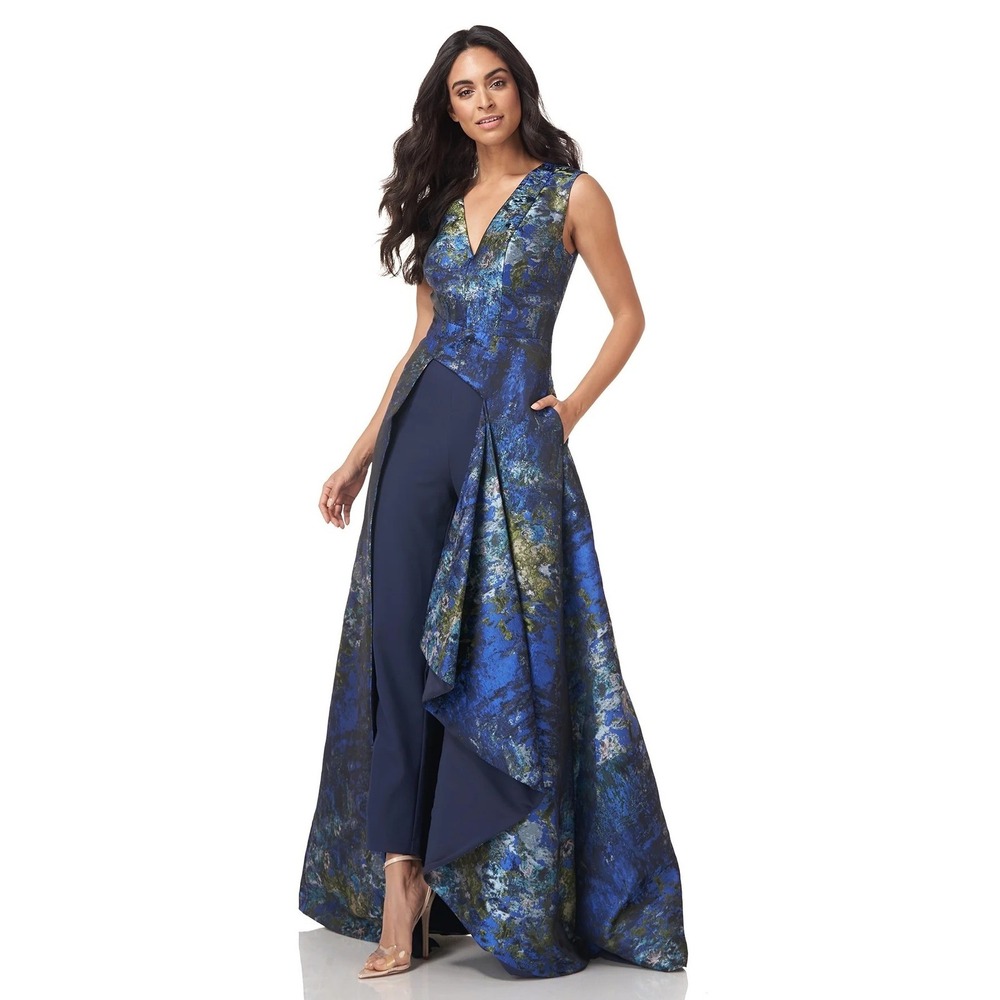 Kay Unger Sidney Formal Walk-Thru Jumpsuit Dress Watercolor Navy Chartreuse